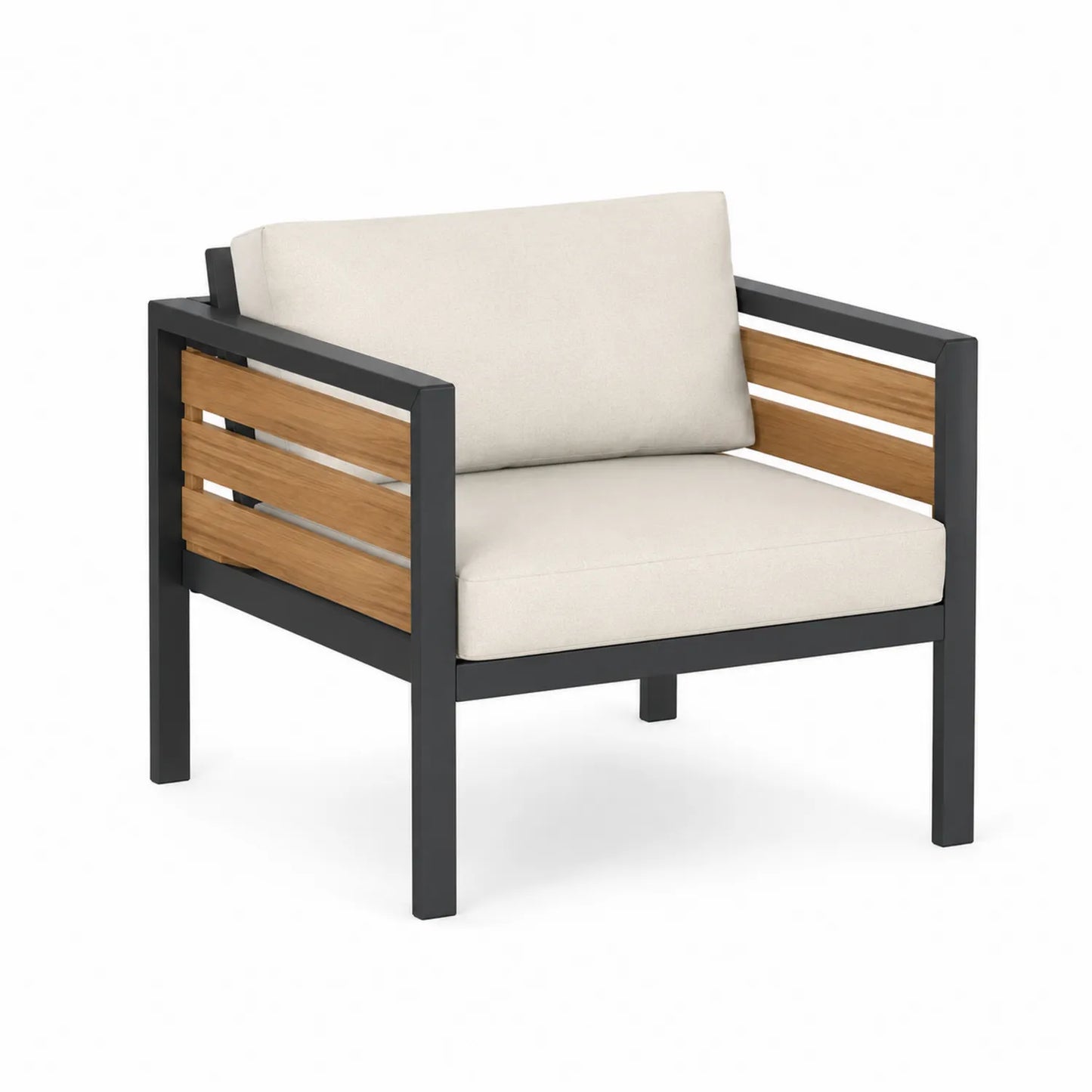 Sessel aus Aluminium mit Holzakzenten und Creme Kissen