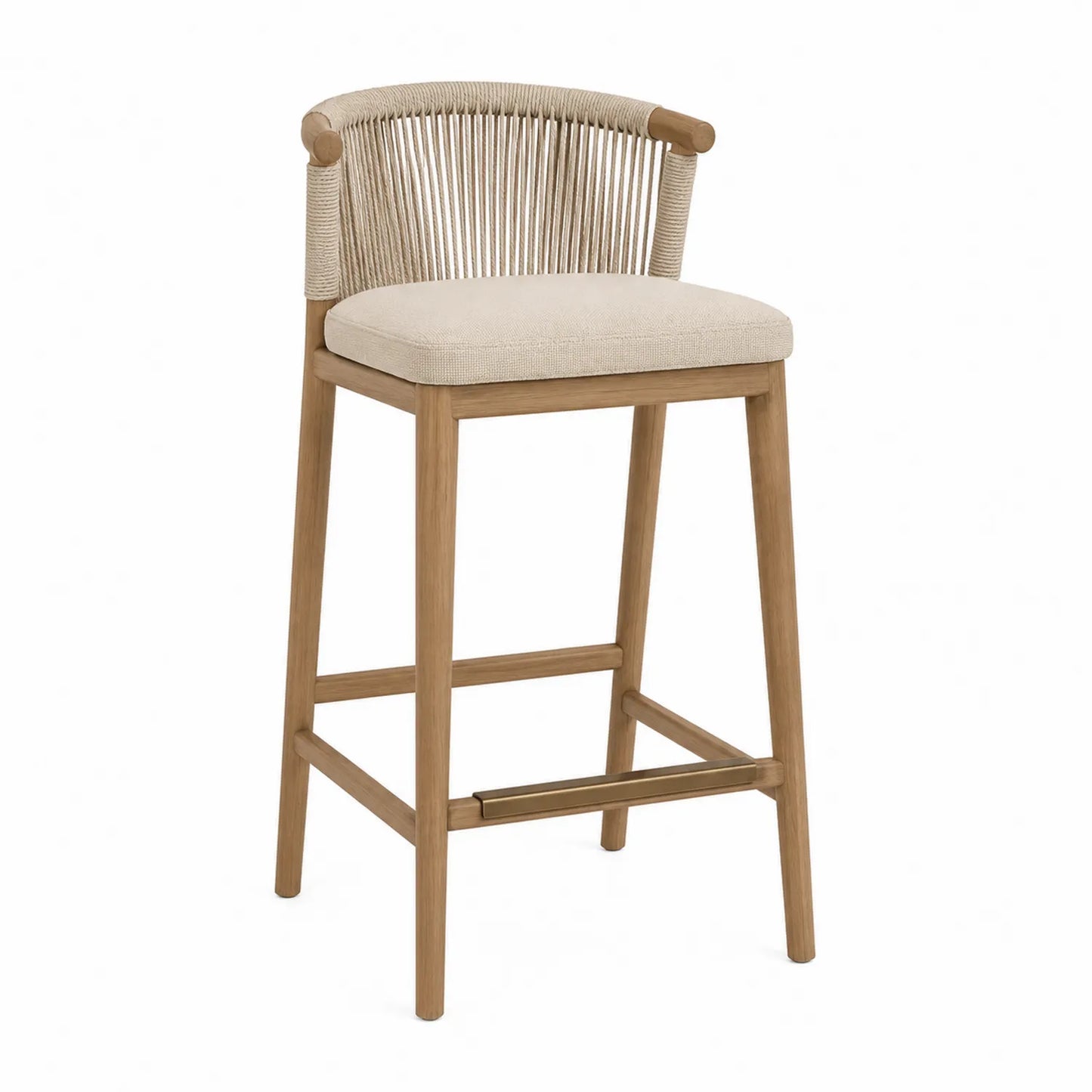 Barhocker aus Massivholz mit Seilgeflecht-Rückenlehne Beige