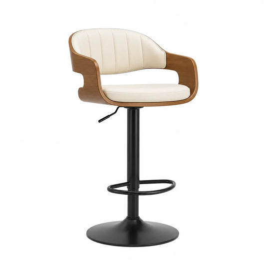 Barhocker aus Holzfurnier mit PU-Ledersitz Creme/Schwarz