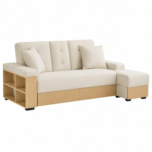 Wohnzimmer-Sofa aus Holz und Polyester in Beige mit Stauraum
