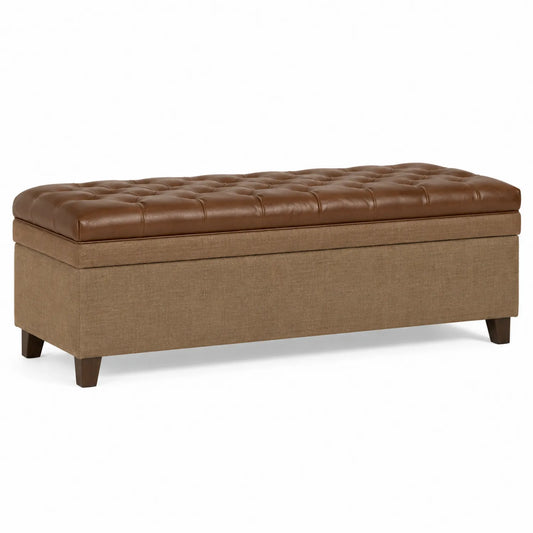 Rechteckiger Sitzhocker mit Kunstleder- und Leinenbezug Braun 120x40x45 cm