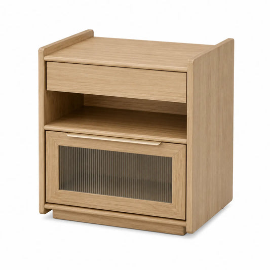 Eichenholz Nachttisch mit geriffelter Glasfront